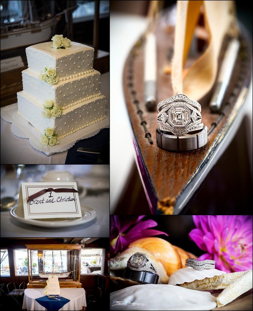 cake and rings  at DiMillos floating restaurant wedding in Portland, Maine