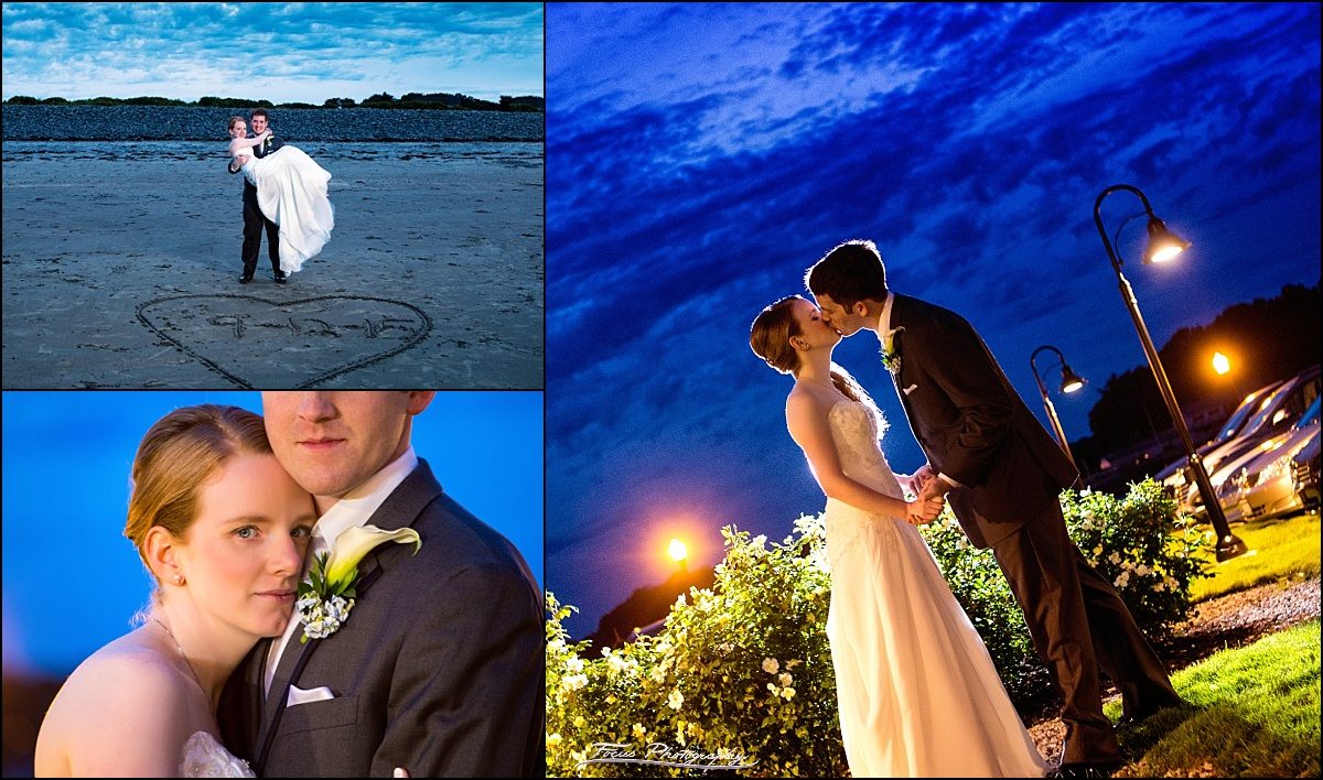 sunset photos of bride and groom at Stage Neck Inn wedding by York, Maine wedding photographers Focus Photography