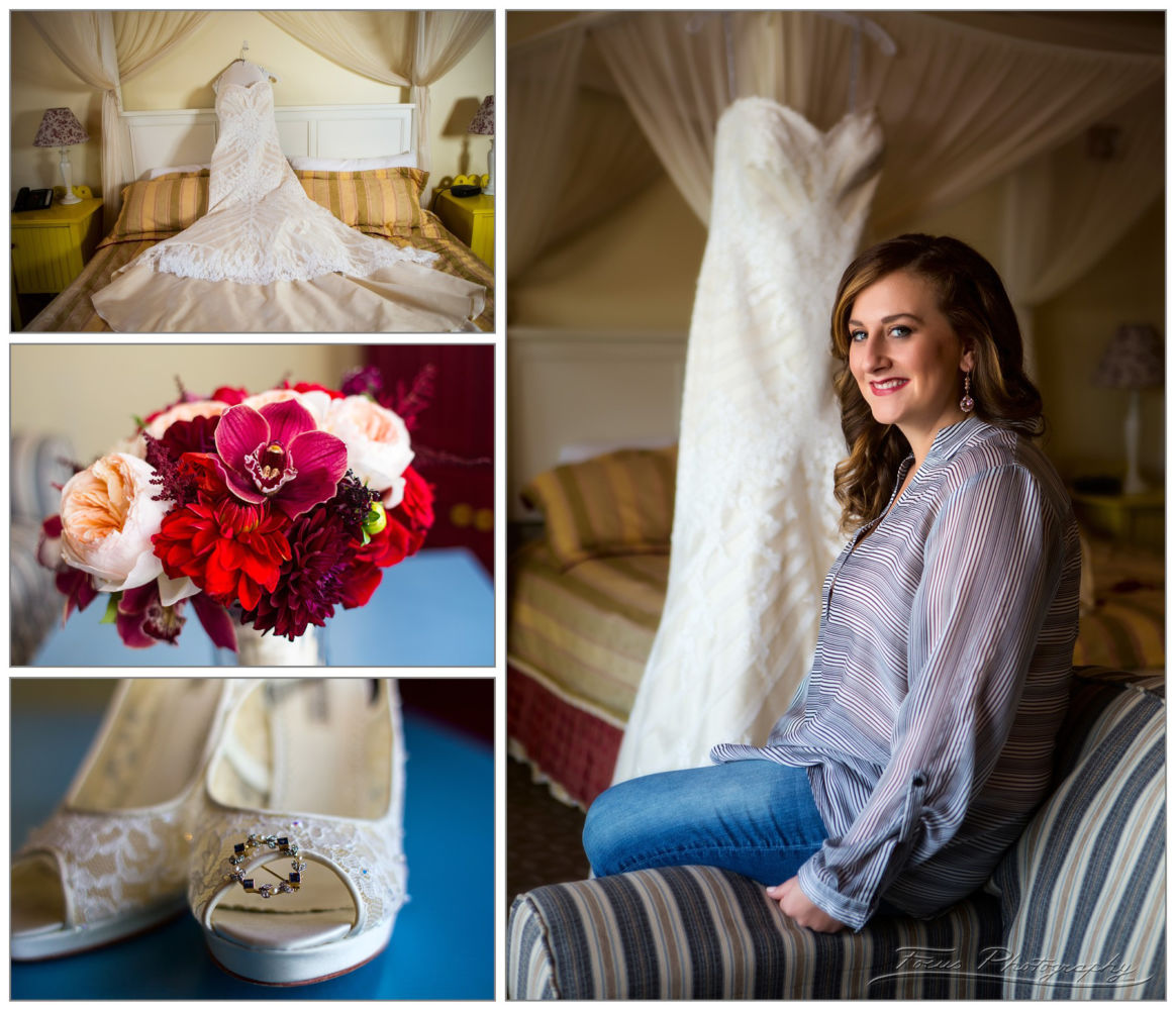 Bride in her room with dress before portland maine wedding at Inn on Peaks