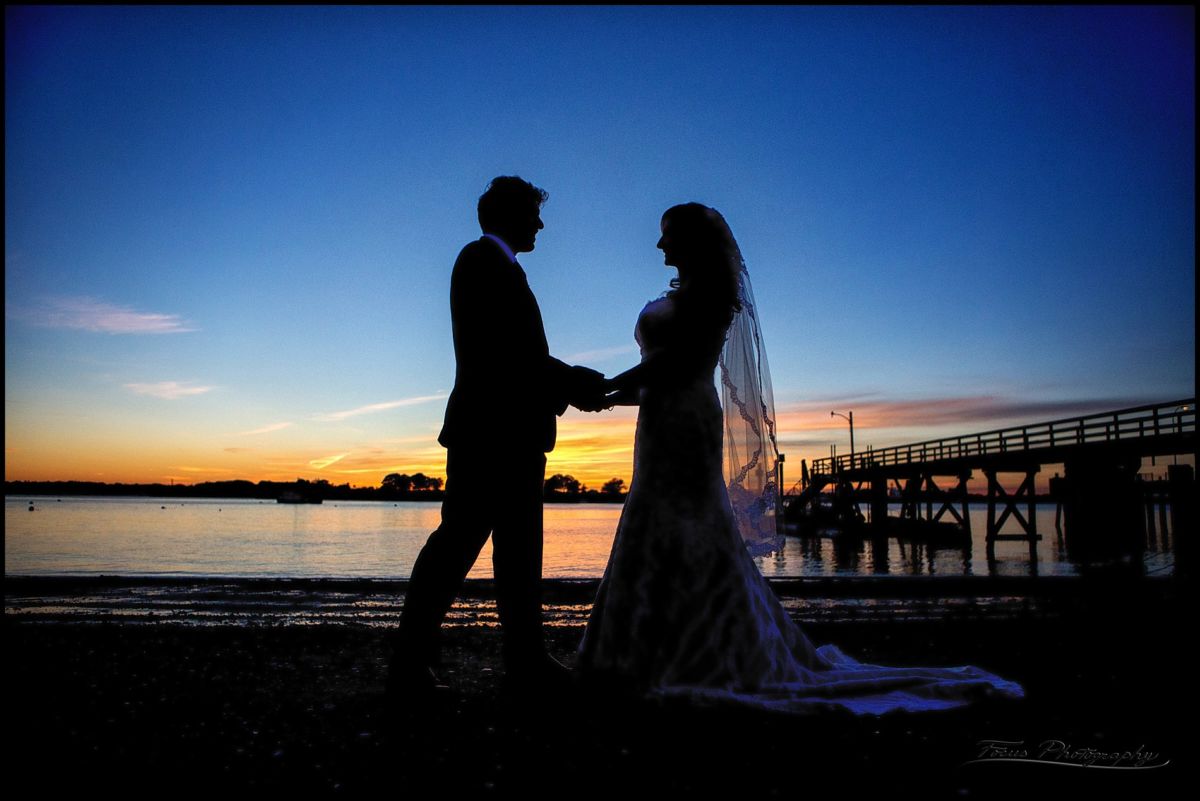 peaks island, portland, Maine silhouette of bride and groom