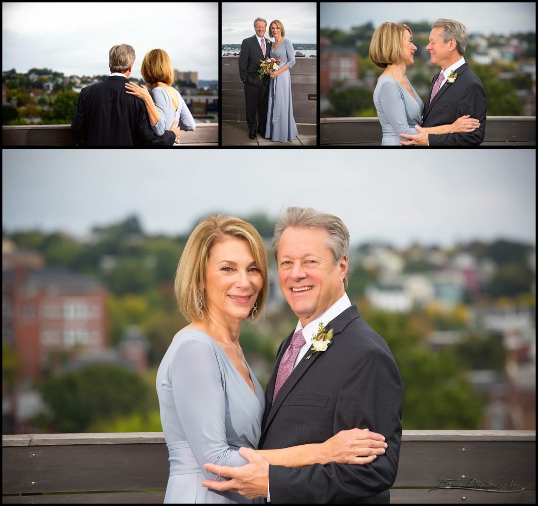 couple's pictures on roof of Press Hotel in Portland, ME