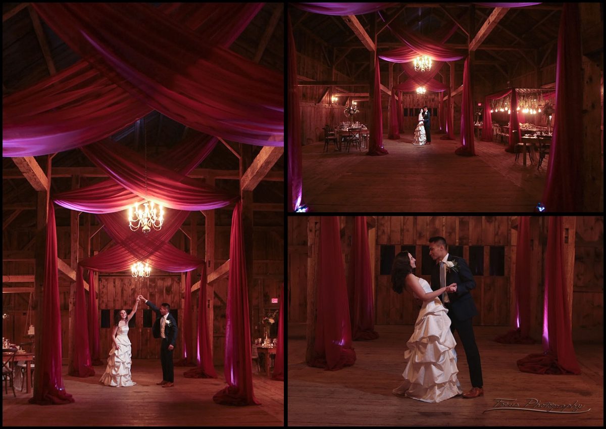 Bride and Groom dance inside the barn 