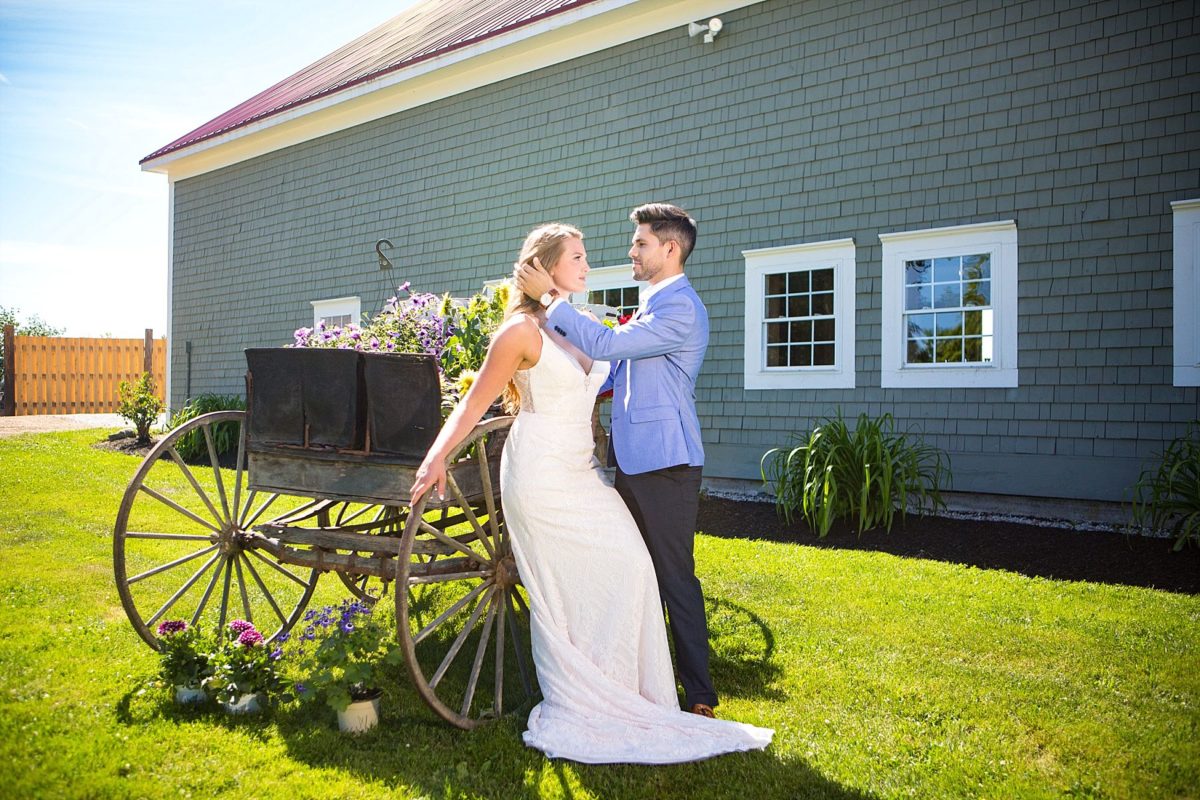 bride and groom by antique carriage at river winds farm