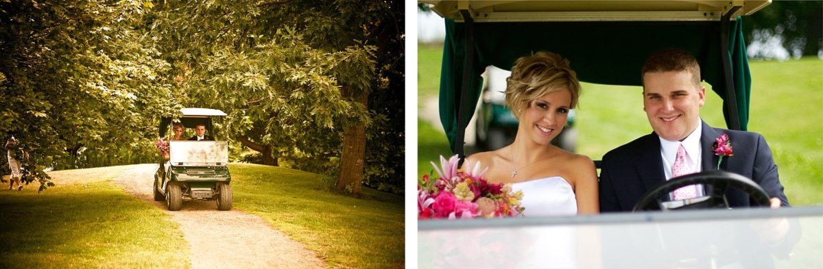  couple driving a golf cart on wedding