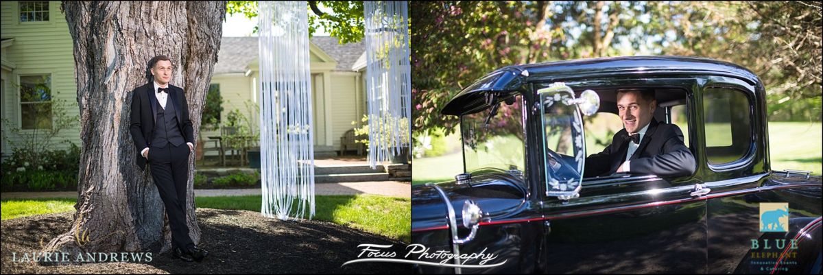 Groom in tuxedo and classic car