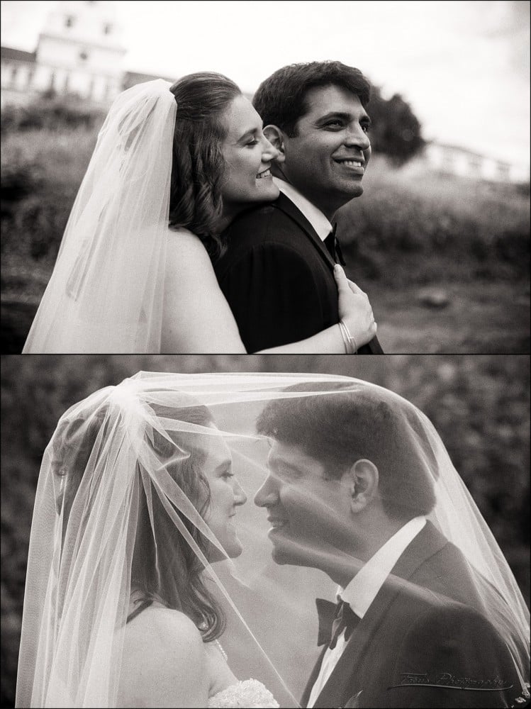 black and white photos of bride and groom at Wentworth by the sea hotel