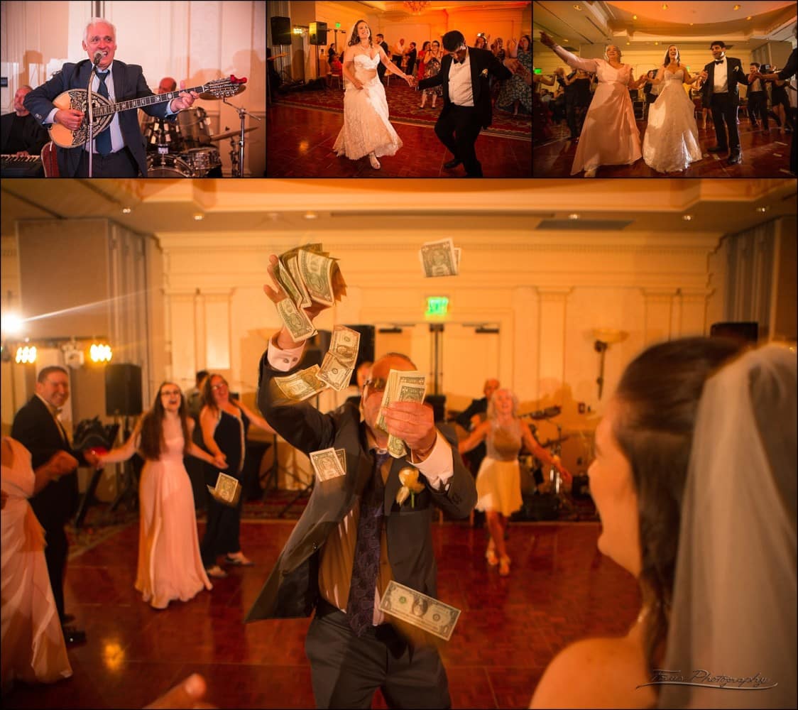 a Greek tradition is covering the bride and groom with money during the dances