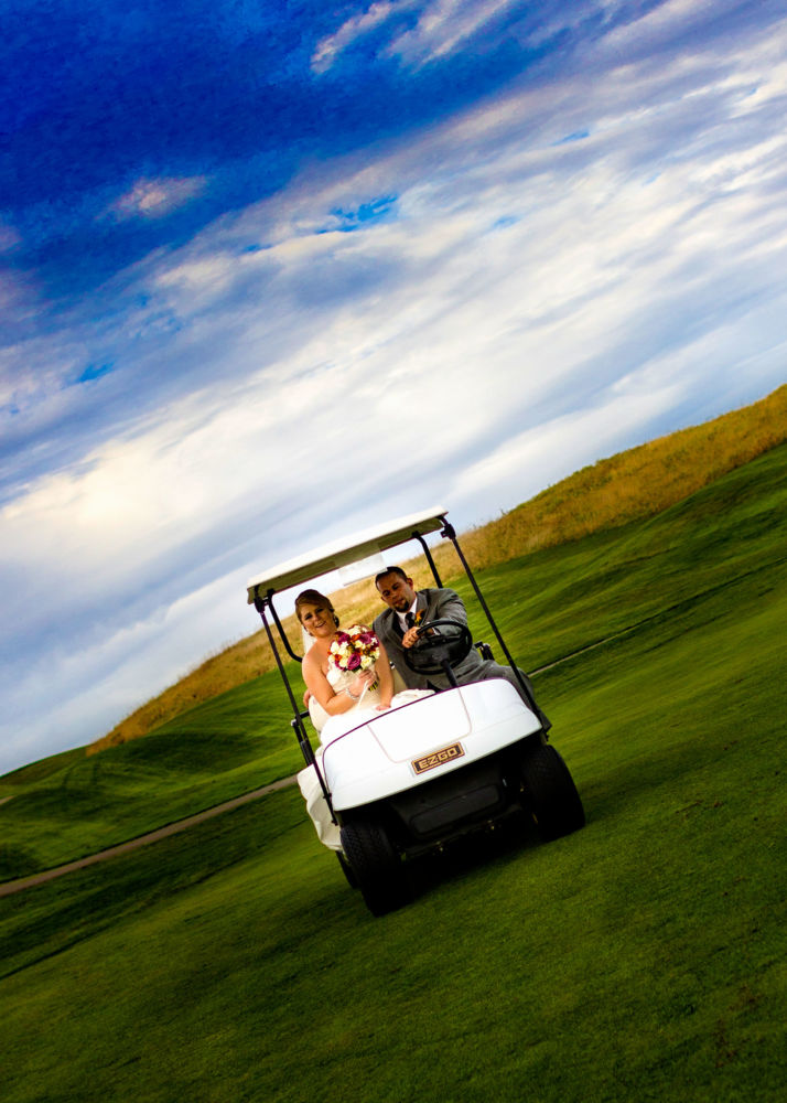 South Berwick, Maine wedding photography, wedding couple in golf cart