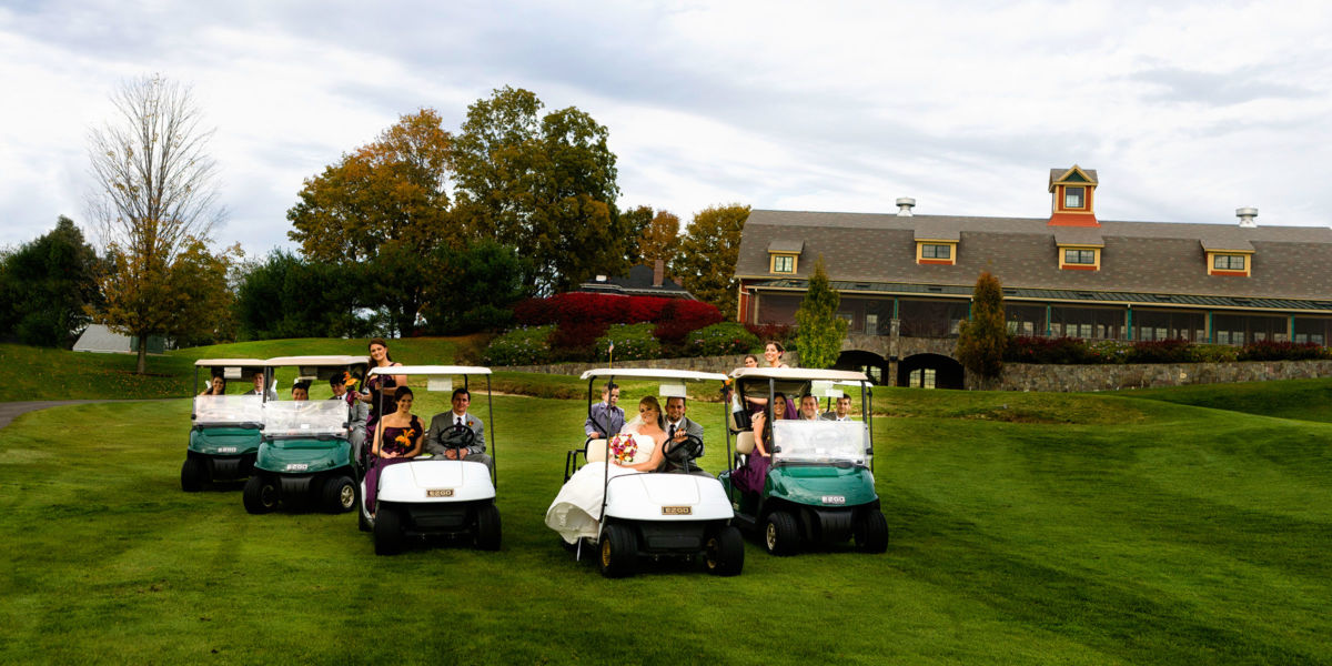 South Berwick, Maine wedding photography, The wedding party in golf carts