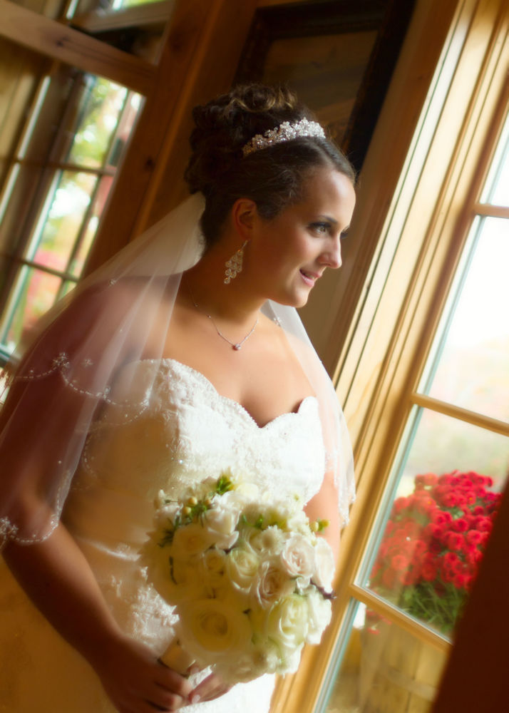 Red Barn Wedding, bride looking out window