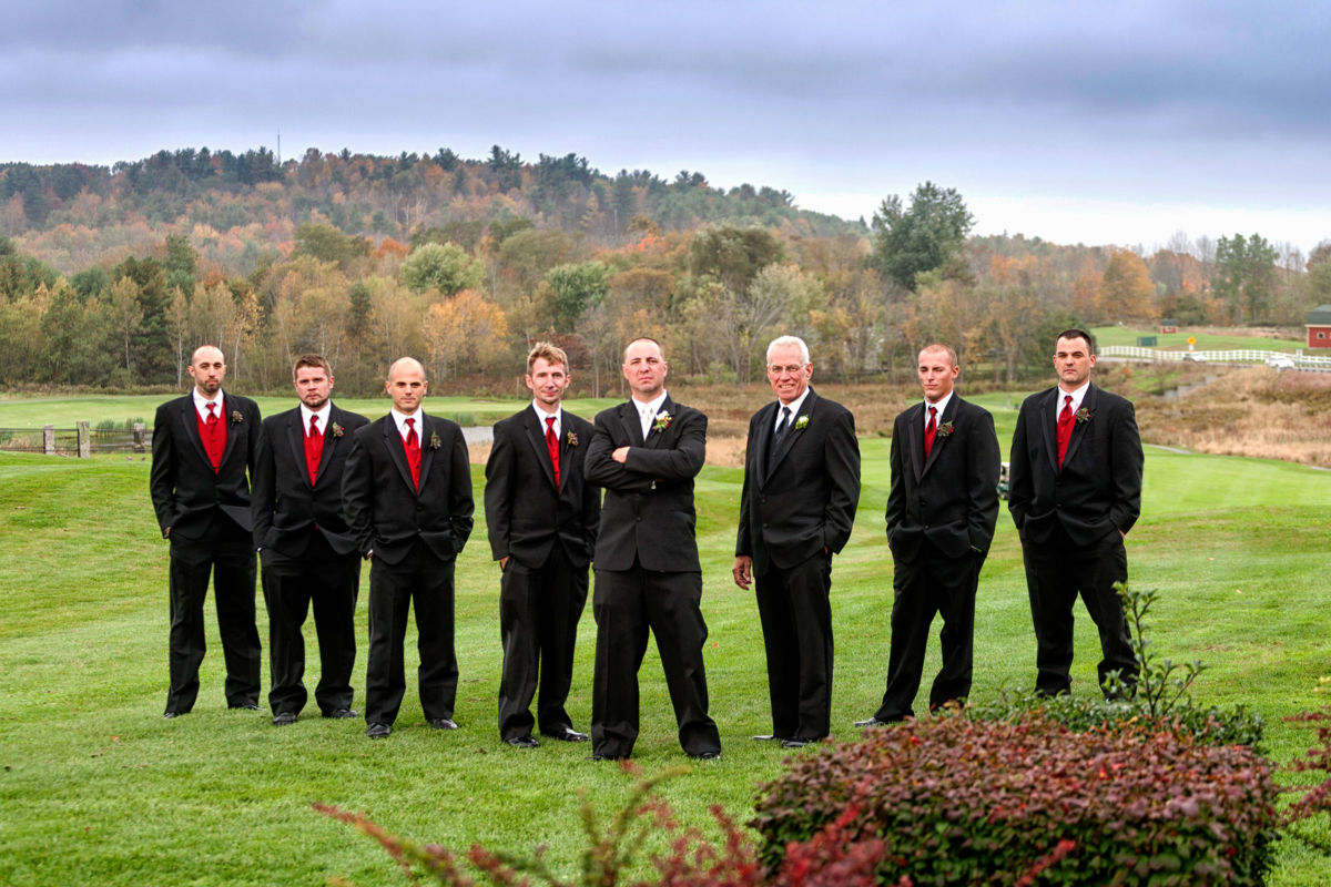 Red Barn Wedding, groom and groomsmen