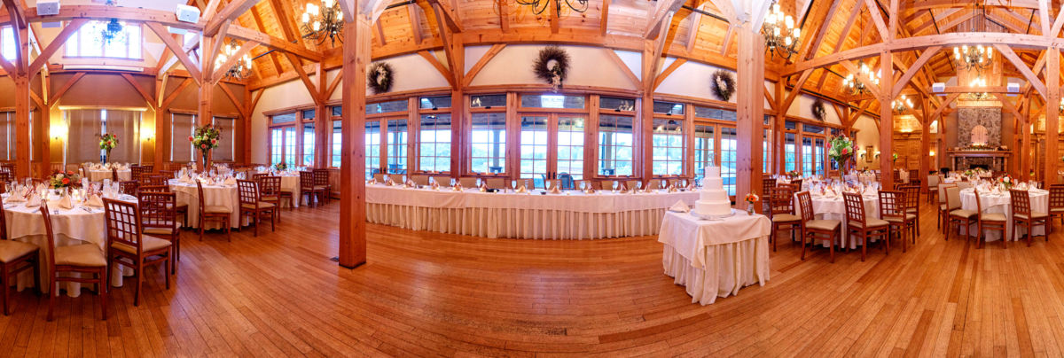 Red Barn Wedding, panorama of ballroom and long head table