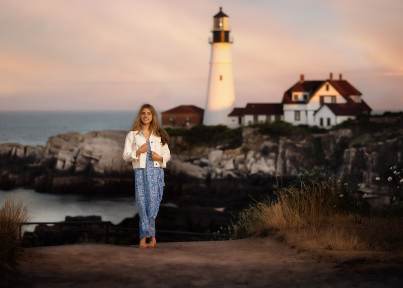 high school senior girl photographed at light house in maine.