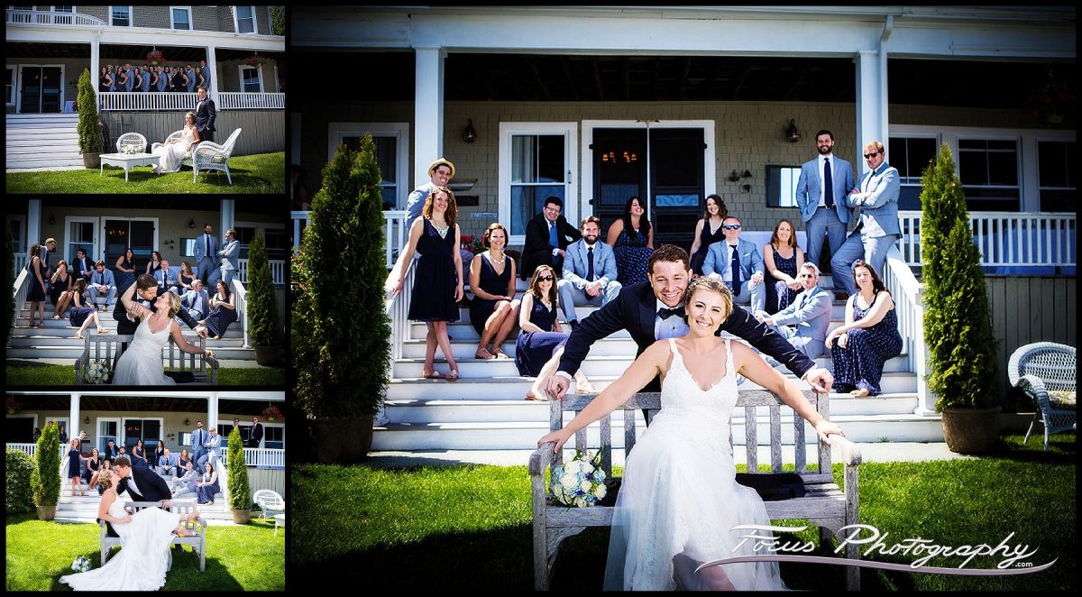 The wedding party - portrait of complete wedding party at Grey Havens Inn in Georgetown Maine. Wedding pictures by Focus Photography.