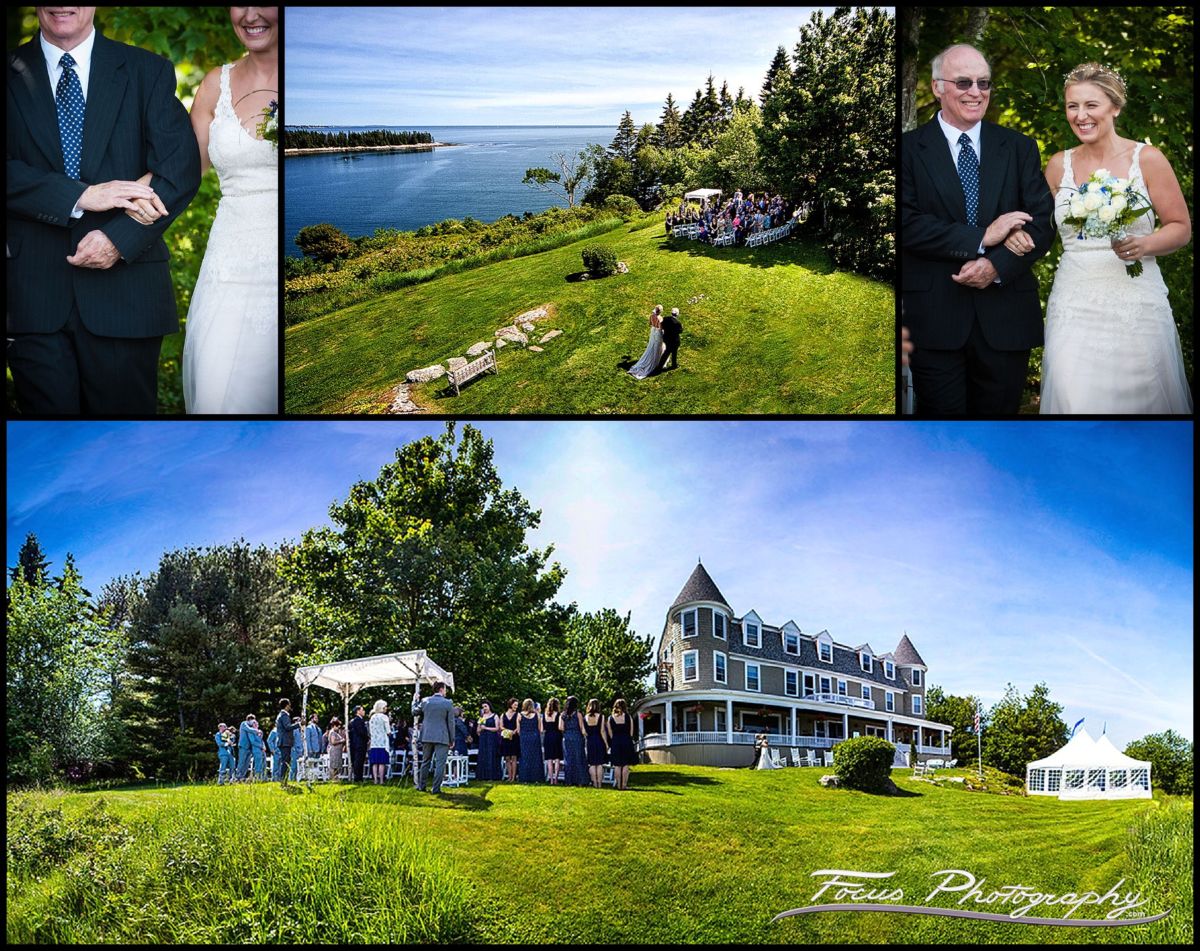 Liz and her father - The bride walks down the aisle at Grey Havens Inn wedding. Overhead photo, panoramic image, and tight pictures of bride and father of bride.