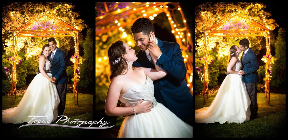 Night time portraits of bride and groom at Falmouth, Maine wedding.