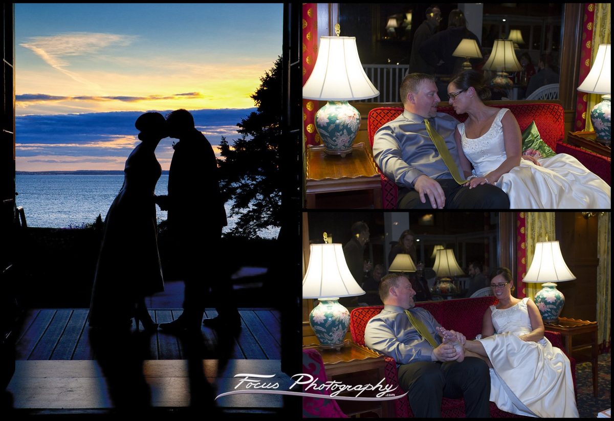 sunset silhouette of bride and groom at Colony Hotel wedding in Kennebunkport, Maine
