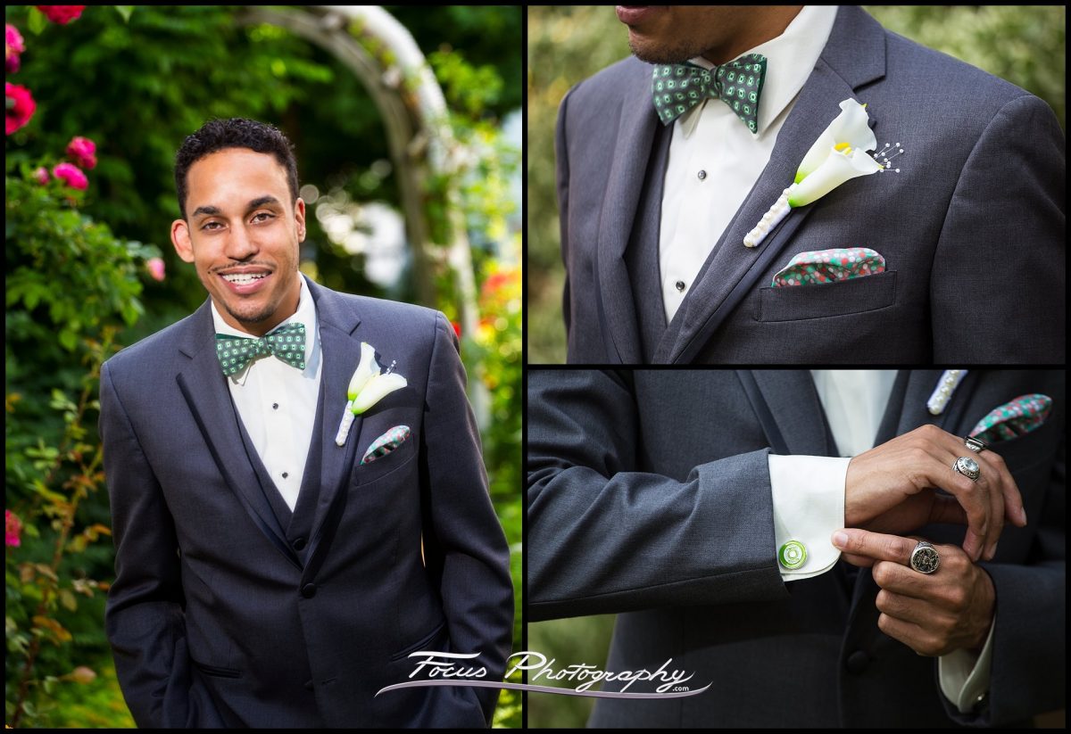 Details of the groom's suit, cufflinks, and flowers at Portland, Maine wedding
